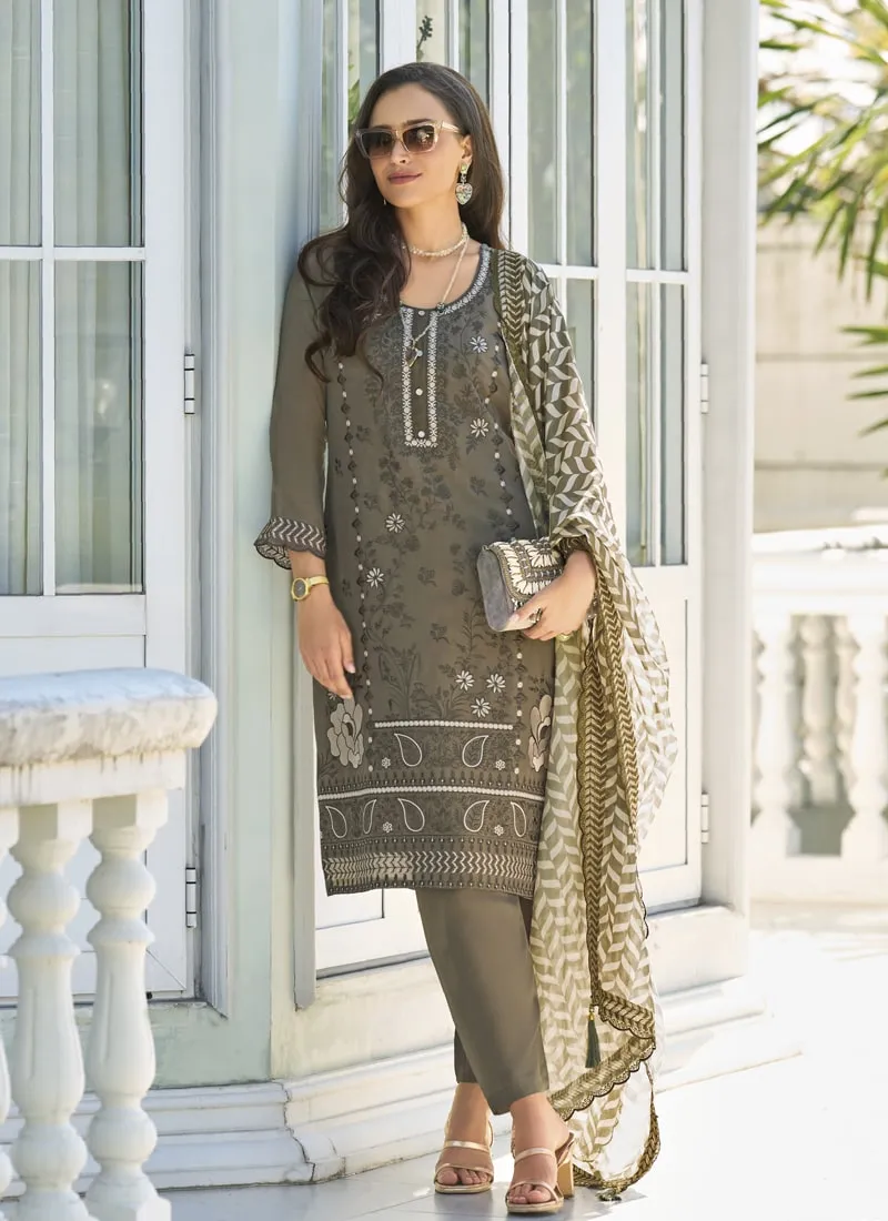 Embroidered Organza Straight Salwar Suit with Silk Bottom