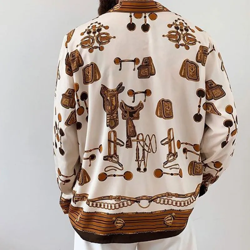 Fall Men's American Retro Print Lapel Long Sleeve Shirt Fashion Trend High Quality Holiday Shirt