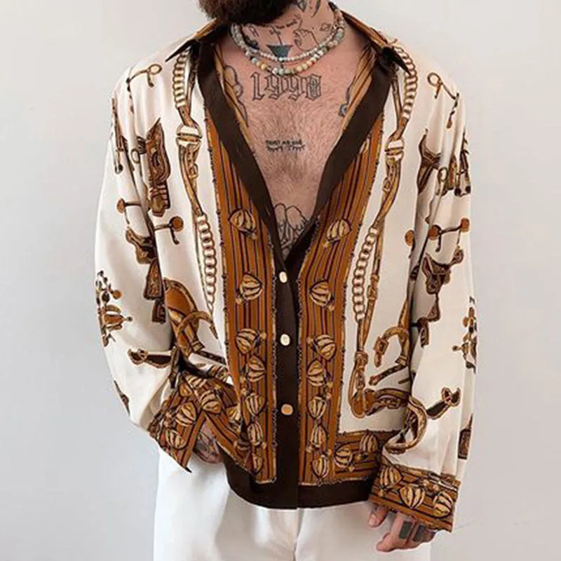 Fall Men's American Retro Print Lapel Long Sleeve Shirt Fashion Trend High Quality Holiday Shirt