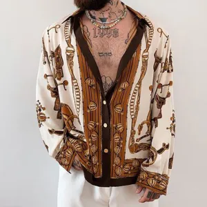 Fall Men's American Retro Print Lapel Long Sleeve Shirt Fashion Trend High Quality Holiday Shirt