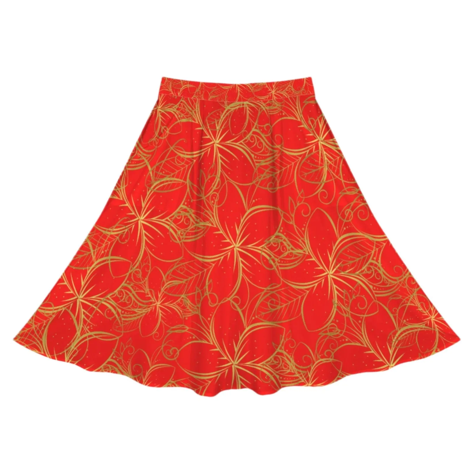 Golden Frangipani Red Mid Length Skirt with Pockets up to 5 XL (FWS)