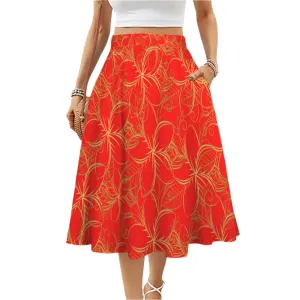 Golden Frangipani Red Mid Length Skirt with Pockets up to 5 XL (FWS)