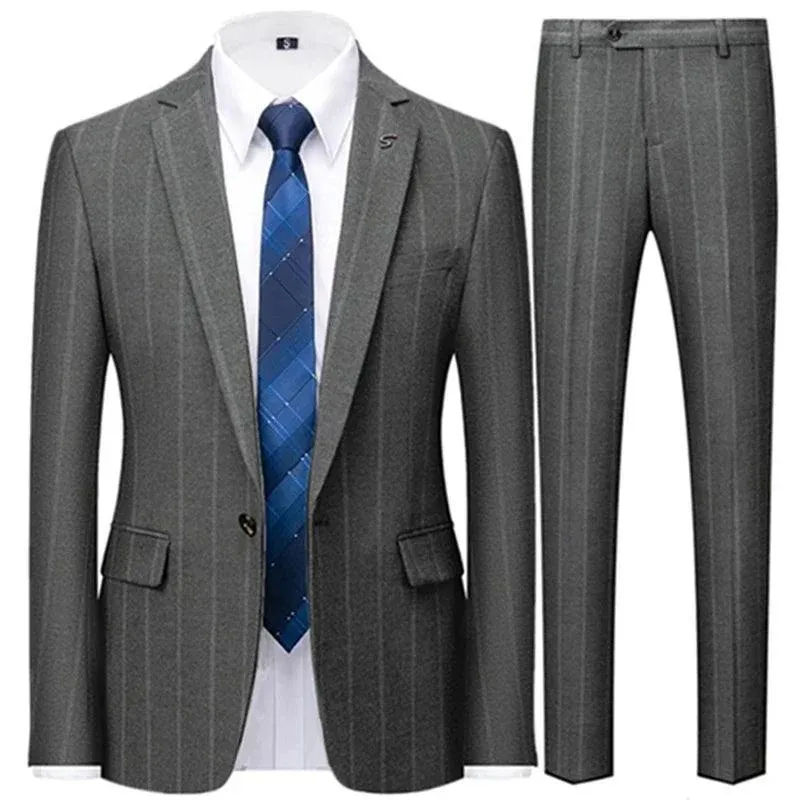 Grey Striped Men Suit - Business Formal
