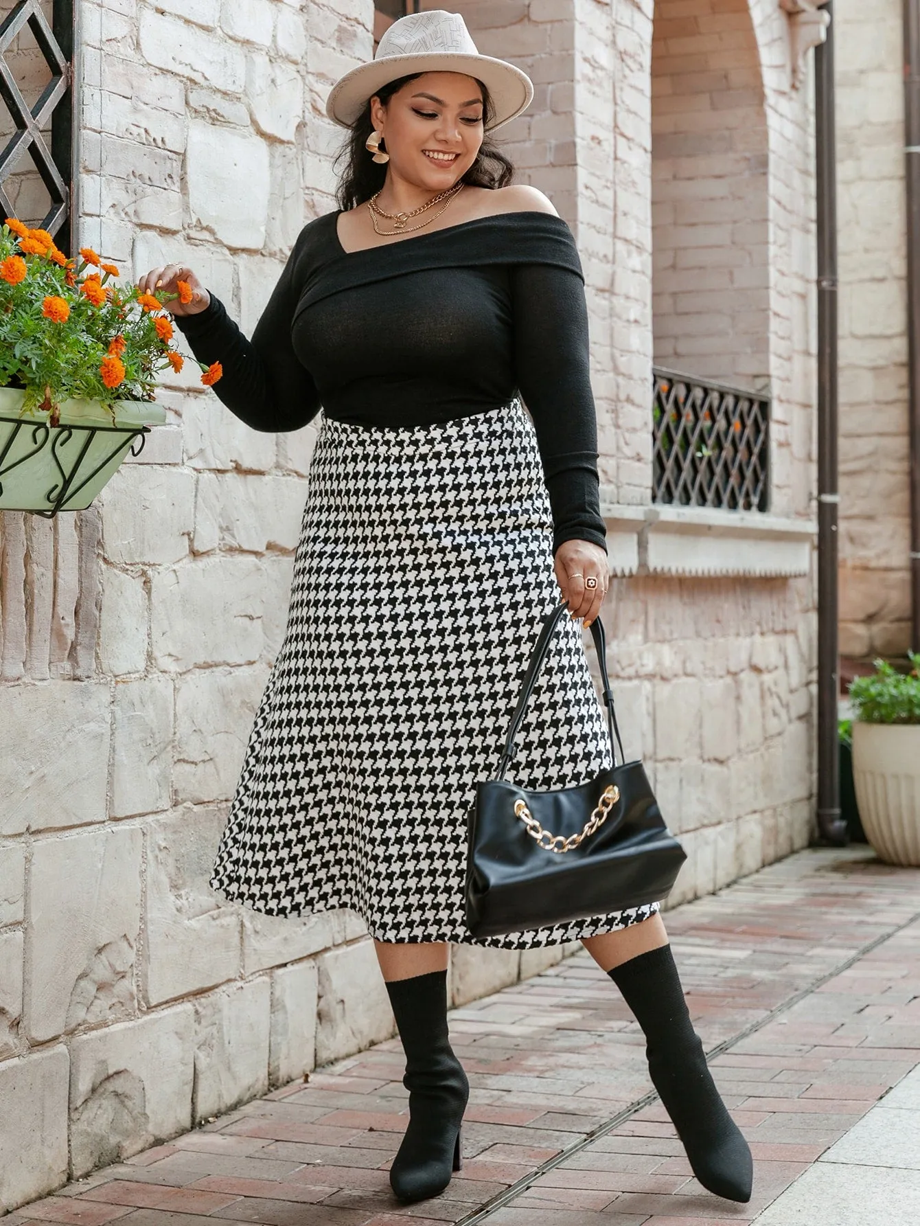 Houndstooth Zipper Long Plus Size Skirt