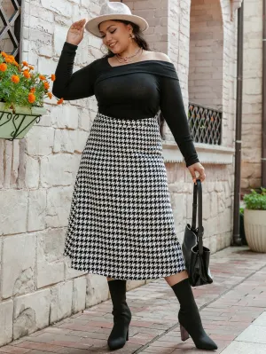 Houndstooth Zipper Long Plus Size Skirt