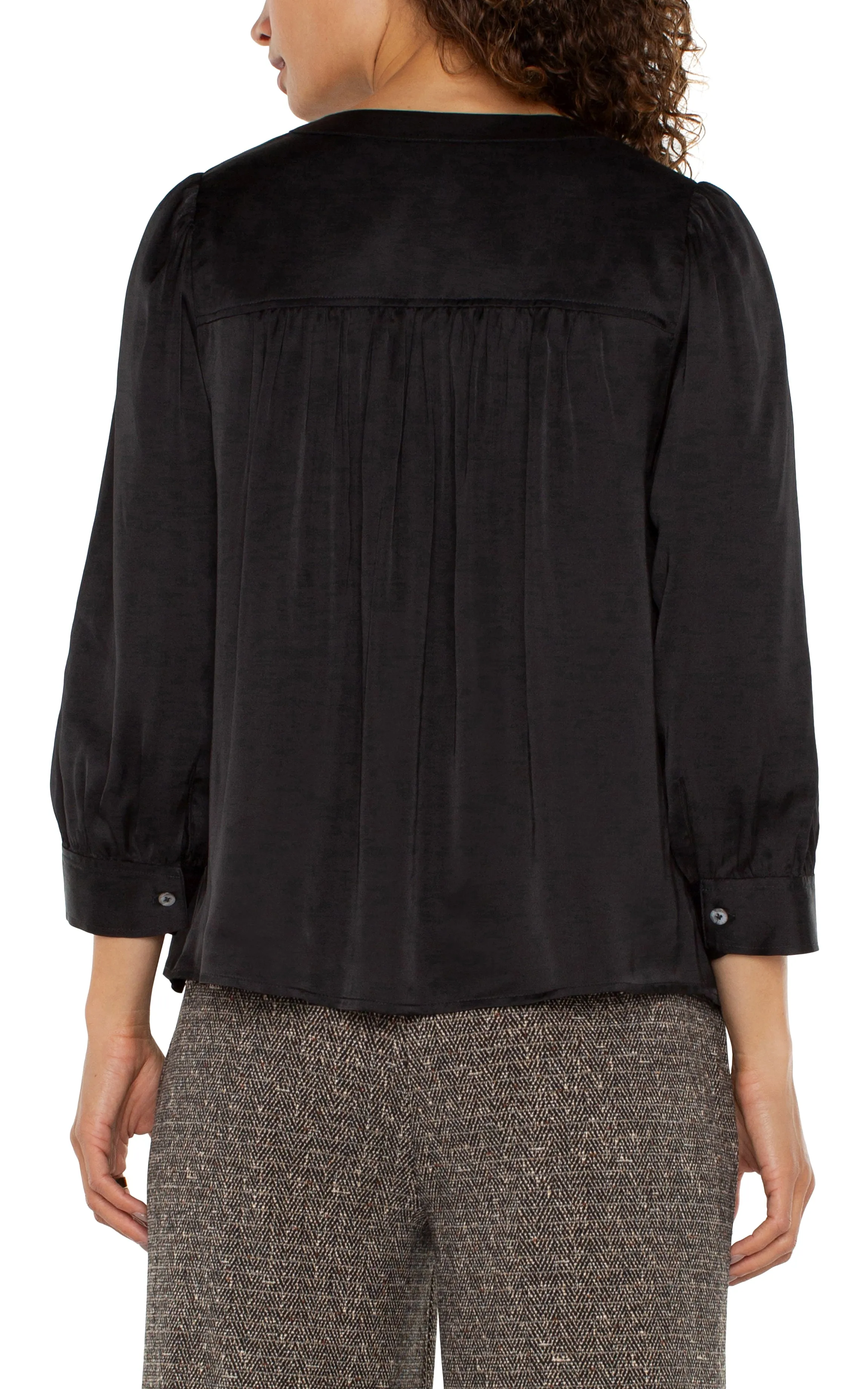 Long Sleeve Pleated Neck Blouse