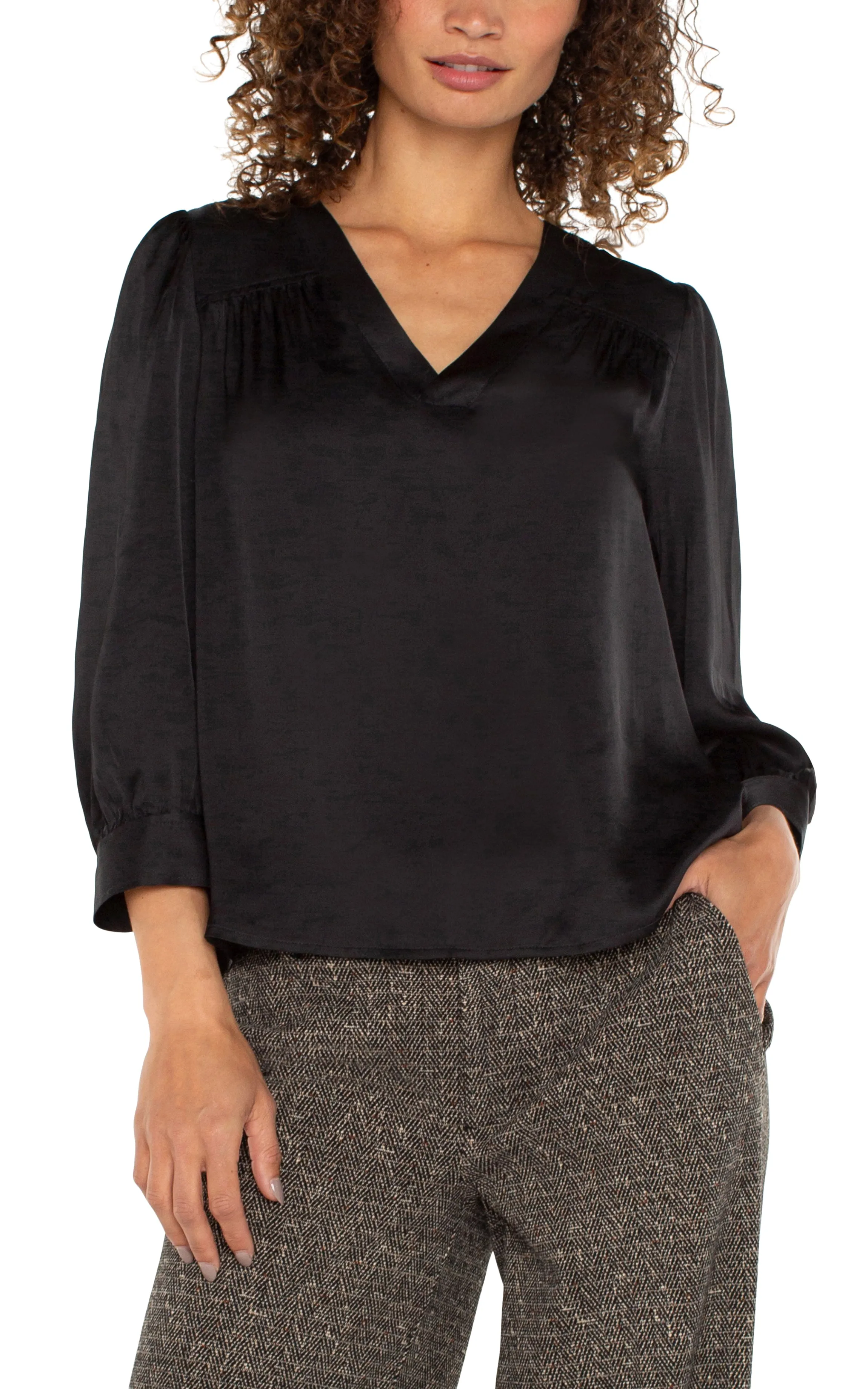 Long Sleeve Pleated Neck Blouse