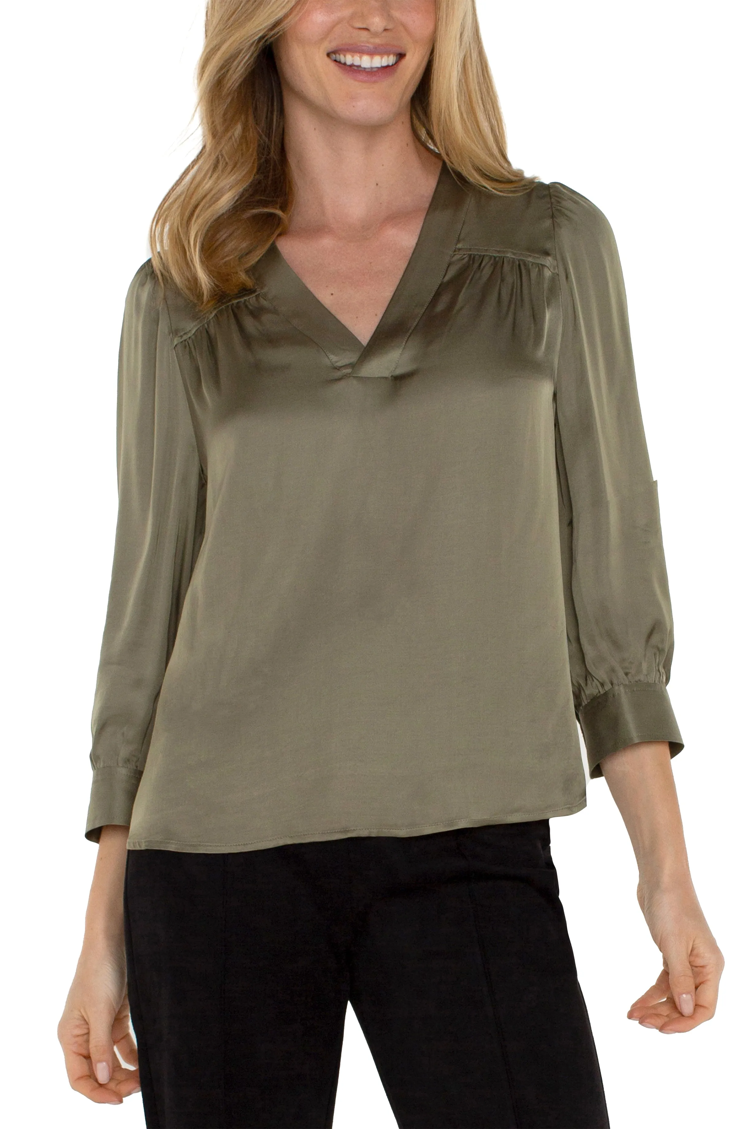 Long Sleeve Pleated Neck Blouse