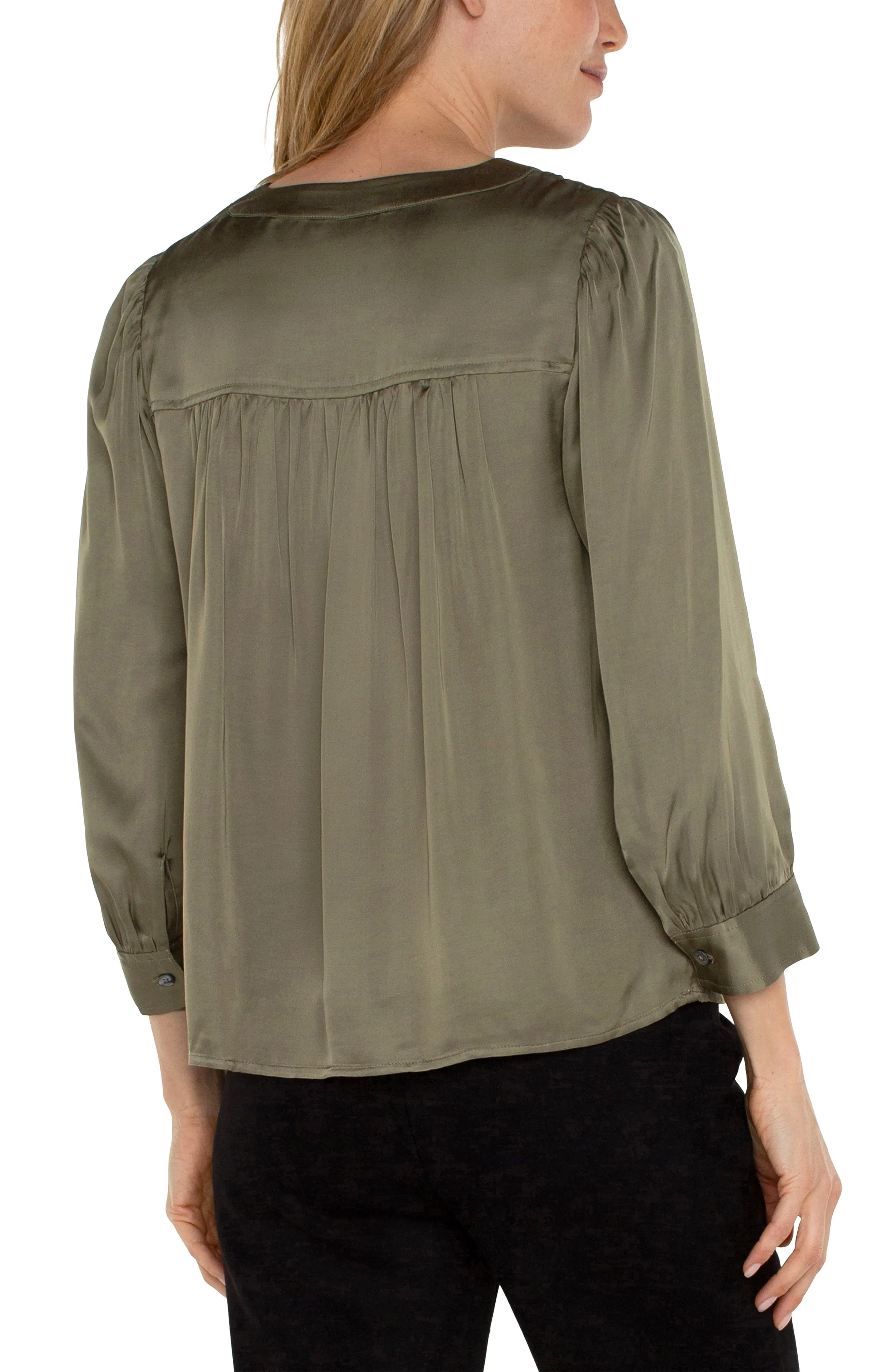 Long Sleeve Pleated Neck Blouse