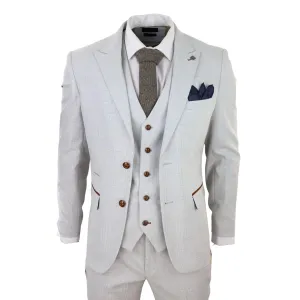 Mens Grey Stone 3 Piece Tweed Check Suit Wedding Prom Tailored Fit Brown Trim