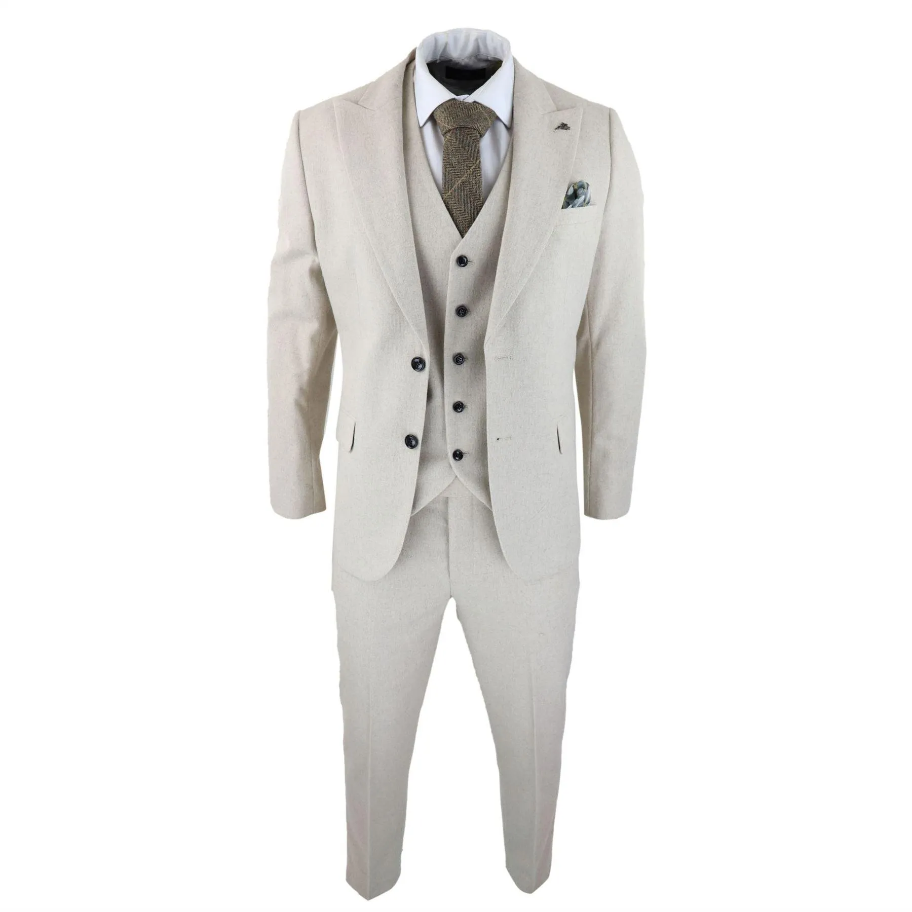 Mens Wool 3 Piece Cream Beige Suit Slim Fit Classic Wedding Party Vintage 1920s