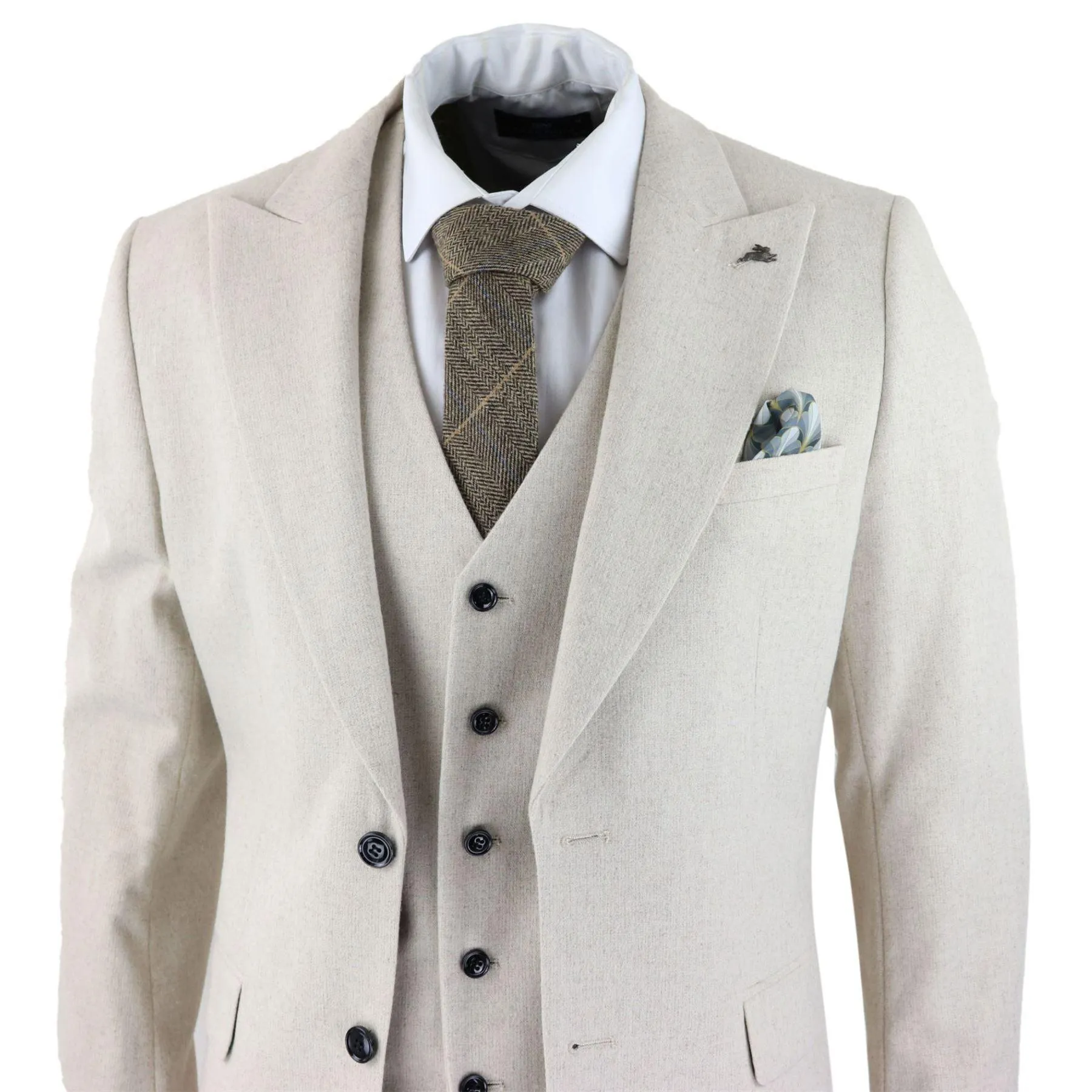 Mens Wool 3 Piece Cream Beige Suit Slim Fit Classic Wedding Party Vintage 1920s