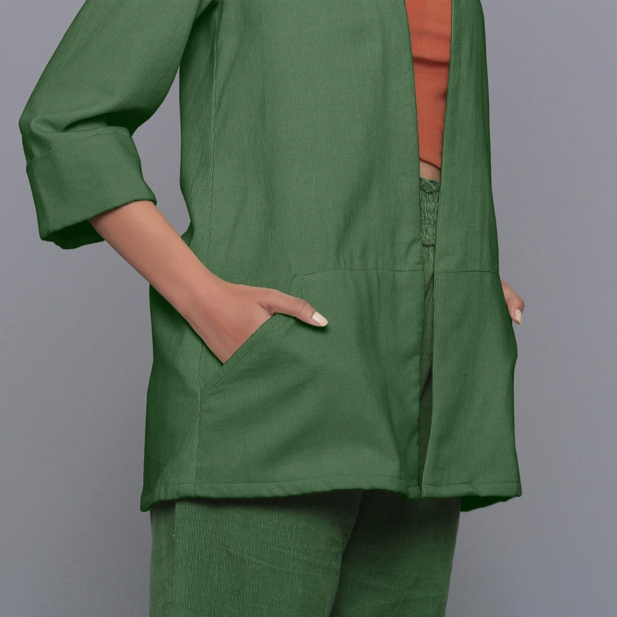 Moss Green Warm Cotton Corduroy Front Open Overlay