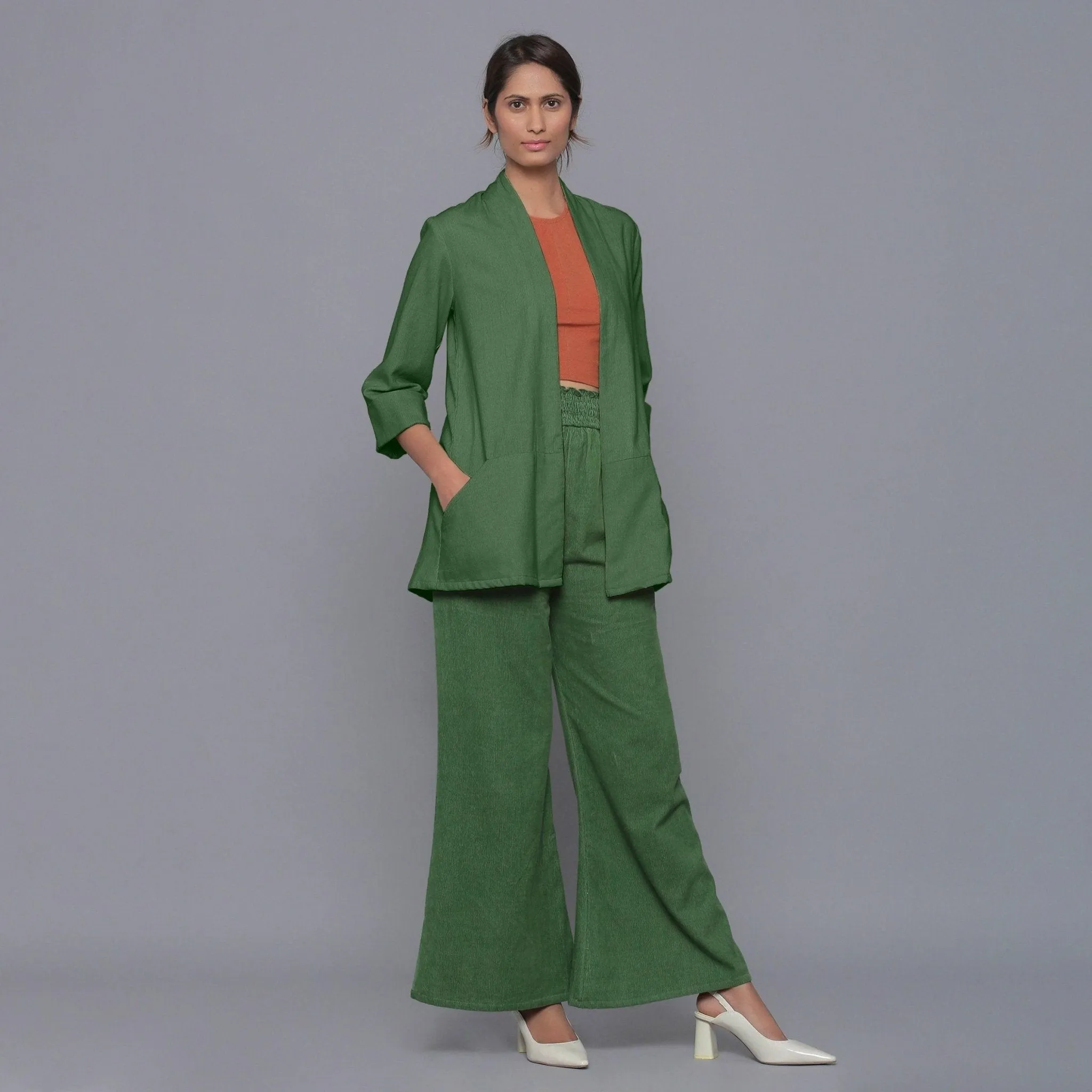 Moss Green Warm Cotton Corduroy Front Open Overlay