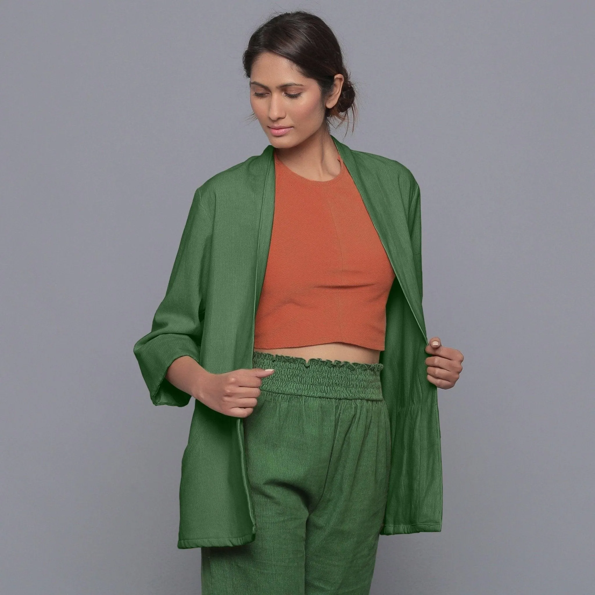Moss Green Warm Cotton Corduroy Front Open Overlay