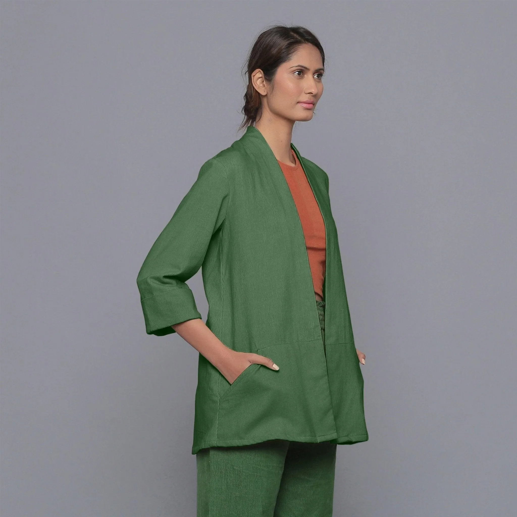 Moss Green Warm Cotton Corduroy Front Open Overlay