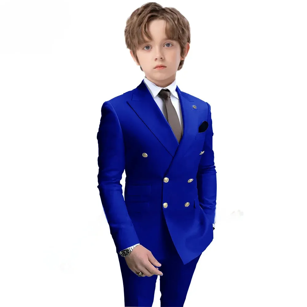 Navy Blue Boys 2 Piece Suit Double Breasted Blazer Kids Wedding Tuxedo Jacket Pants Formal Child Clothes 2-16 Years Old