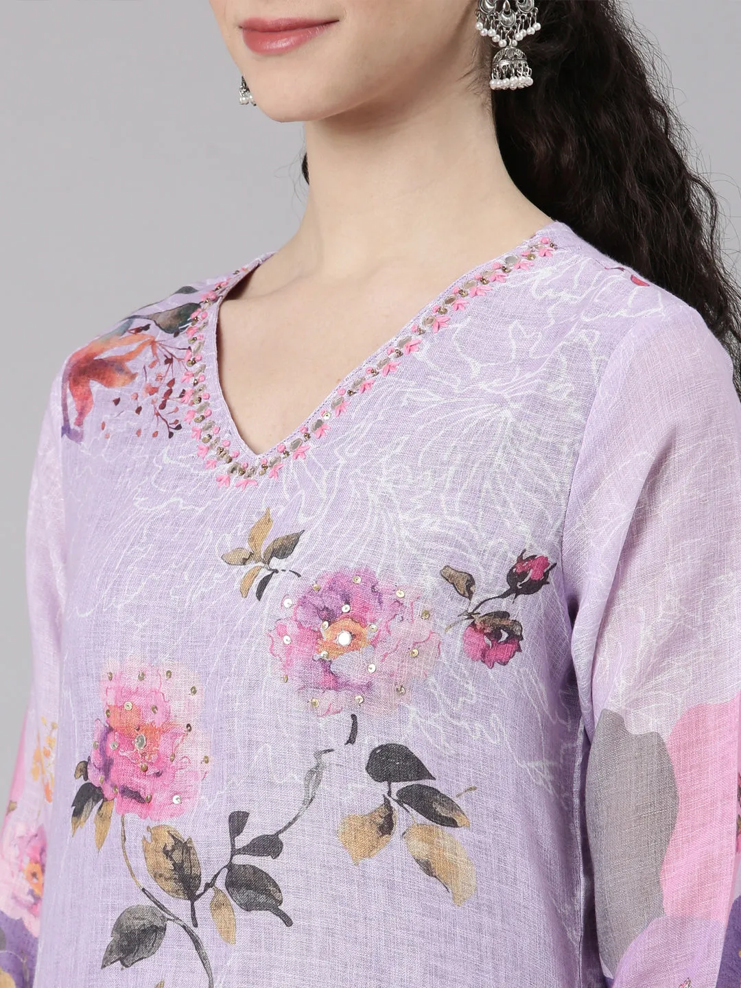 Neerus Lavender Straight Casual Floral Kurta and Trouser with Dupatta