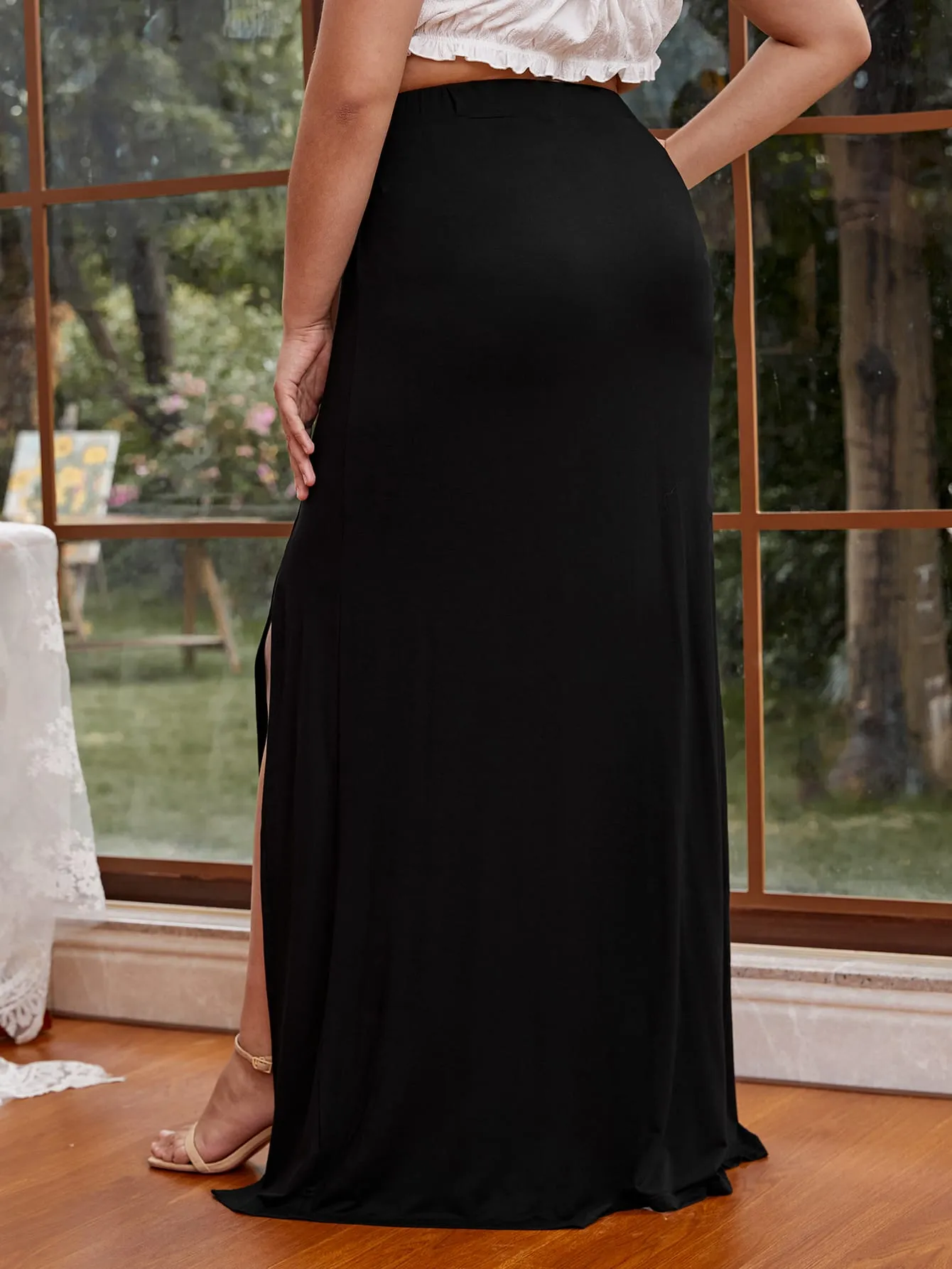 Plain Split Thigh Maxi Plus Size Skirts