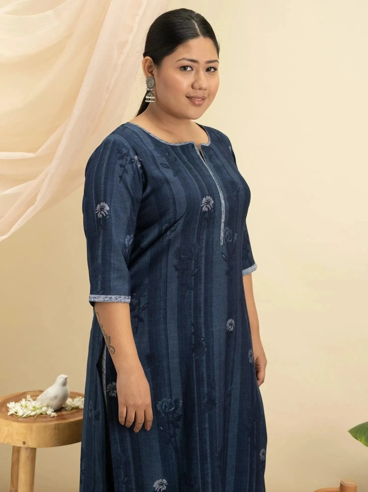 Plus Size Blue Printed Rayon Straight Kurta With Trousers