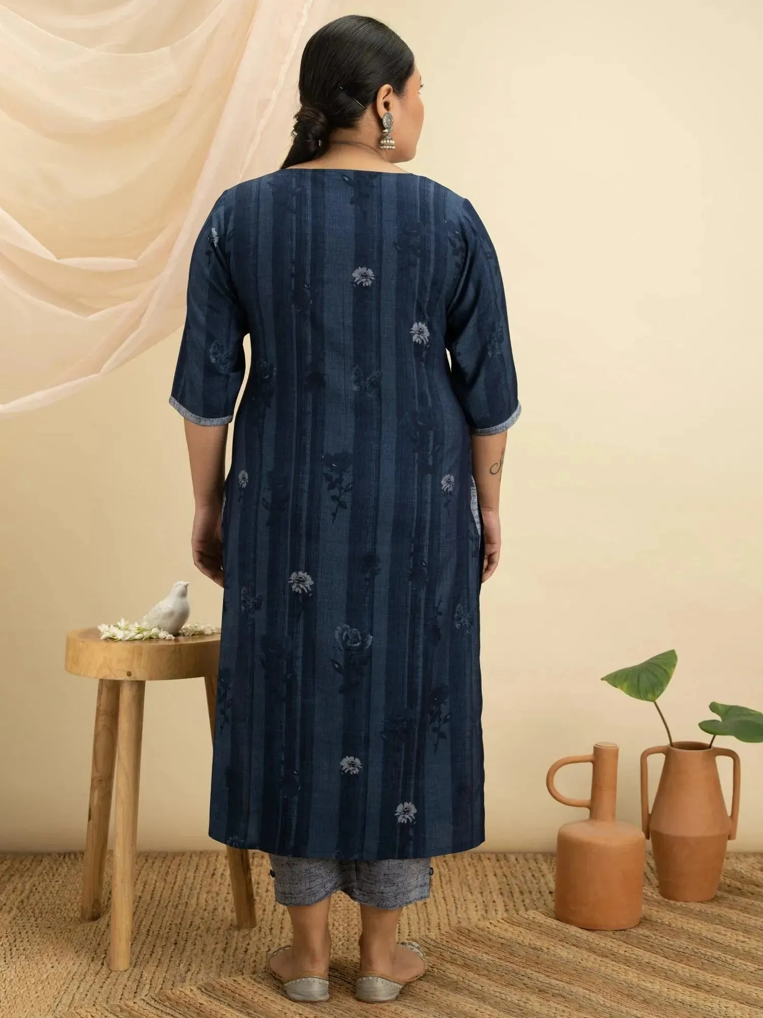 Plus Size Blue Printed Rayon Straight Kurta With Trousers