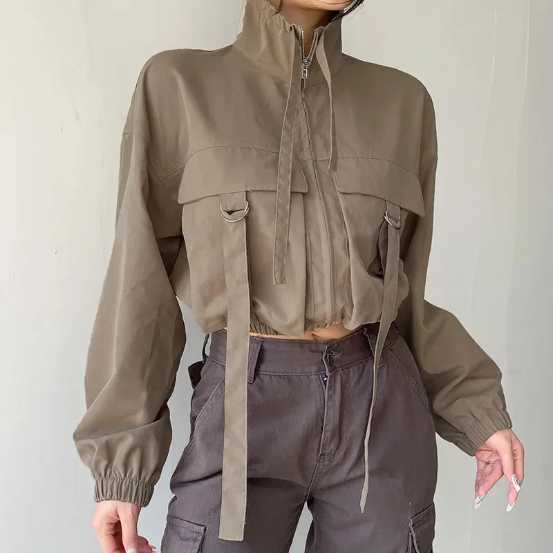 Retro Turtleneck Big Pockets Buckle Zip-Up Jacket