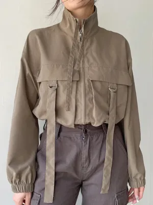 Retro Turtleneck Big Pockets Buckle Zip-Up Jacket