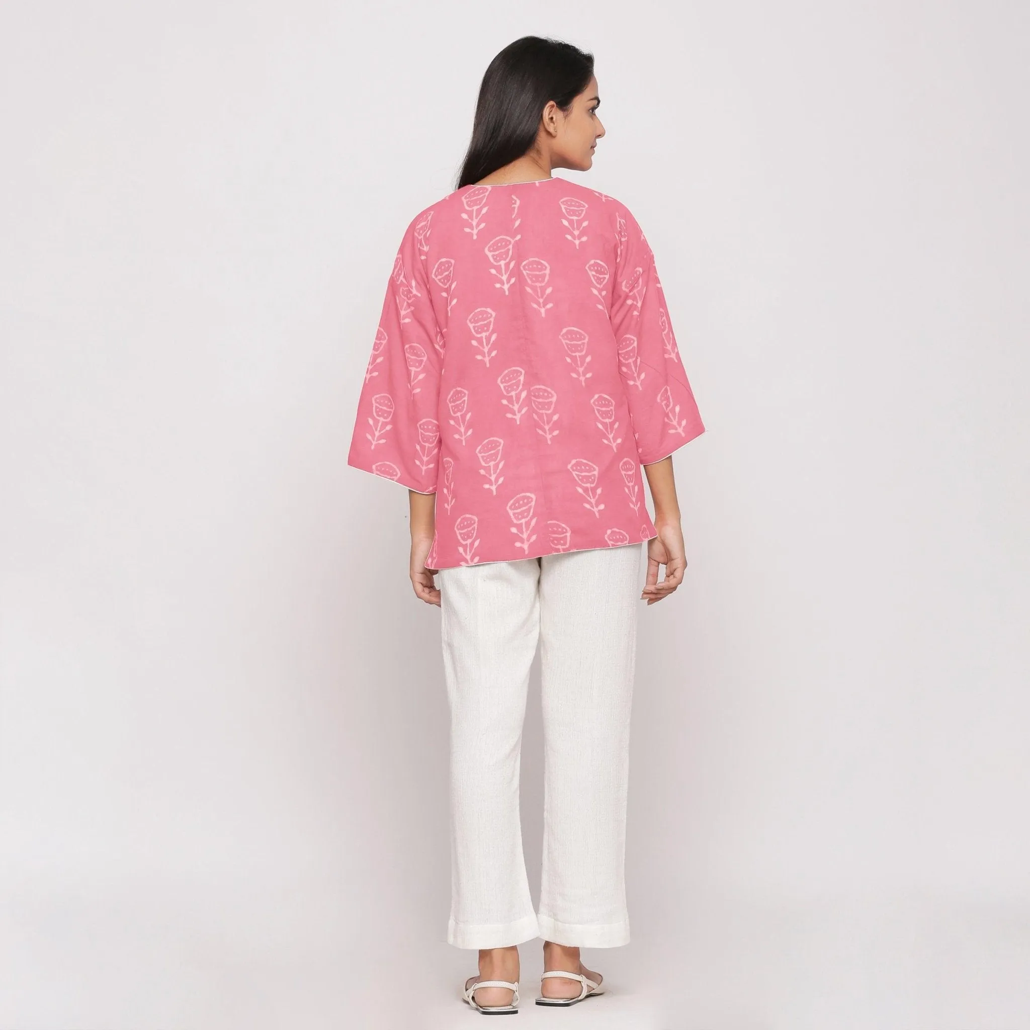 Reversible Warm Block Printed Pink Short Cotton Overlay