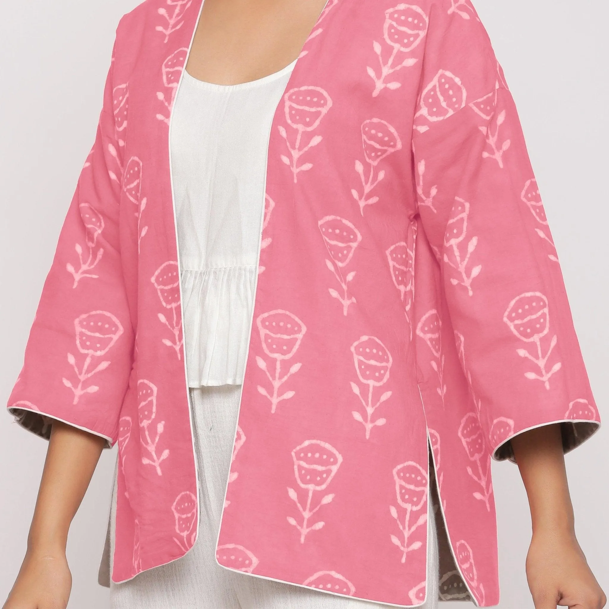 Reversible Warm Block Printed Pink Short Cotton Overlay