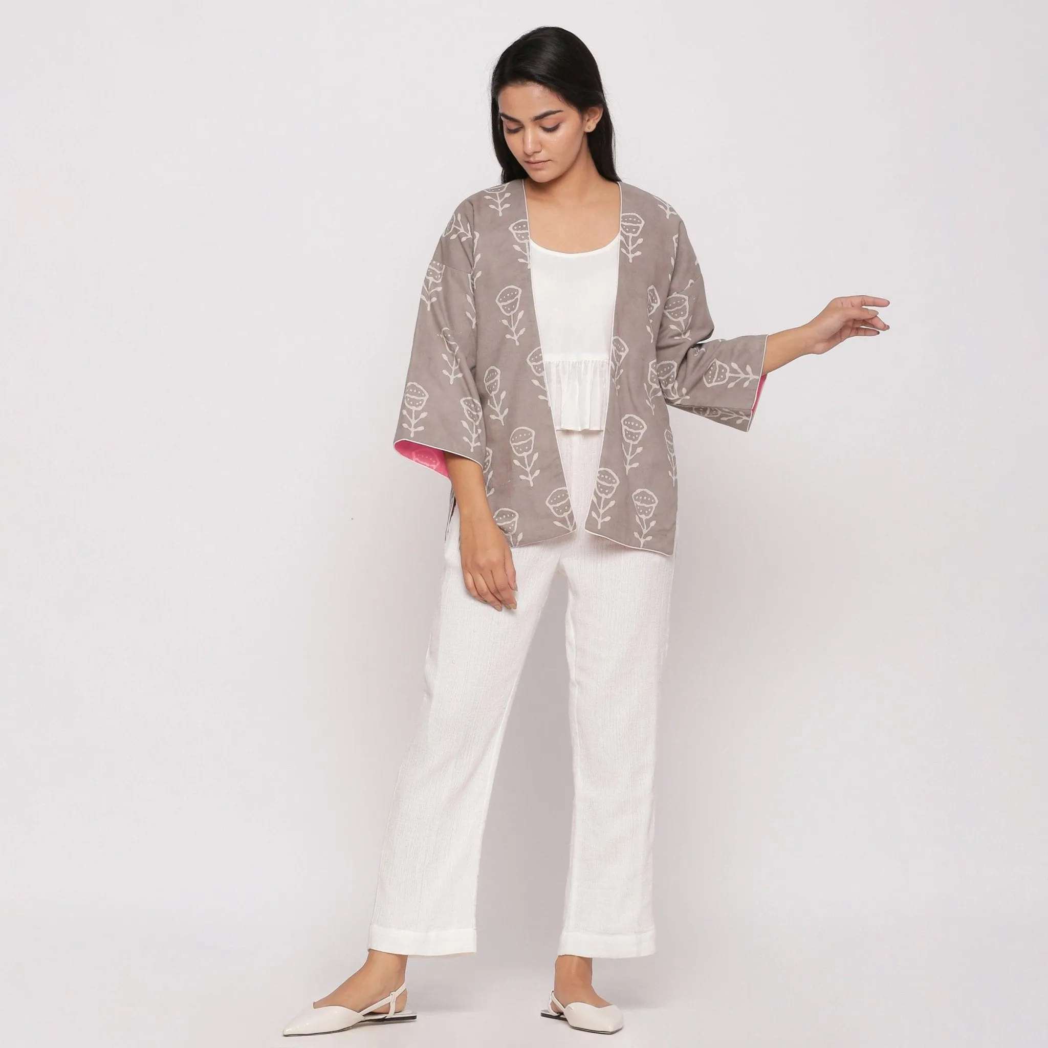 Reversible Warm Block Printed Pink Short Cotton Overlay