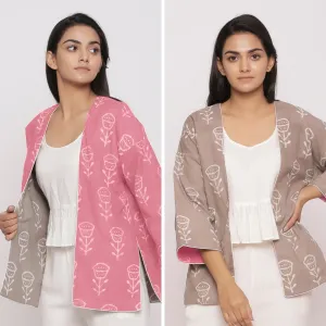 Reversible Warm Block Printed Pink Short Cotton Overlay