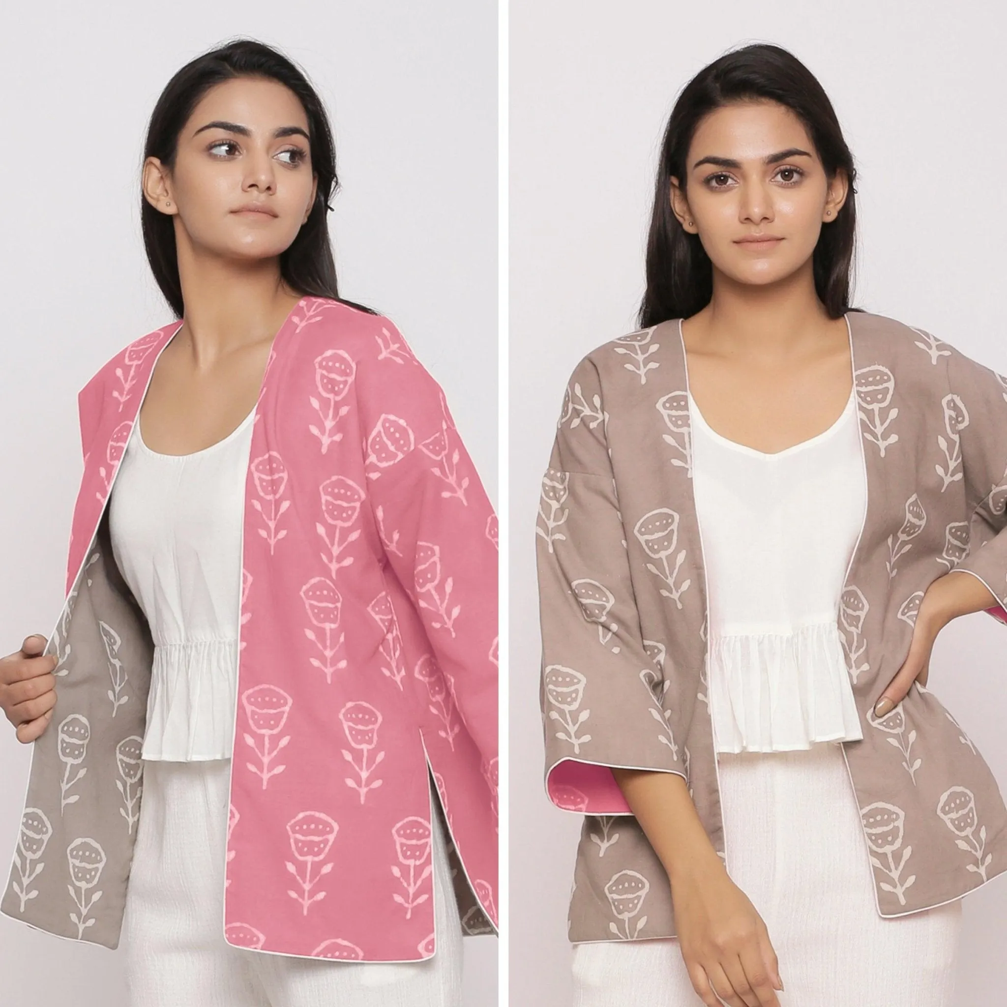 Reversible Warm Block Printed Pink Short Cotton Overlay