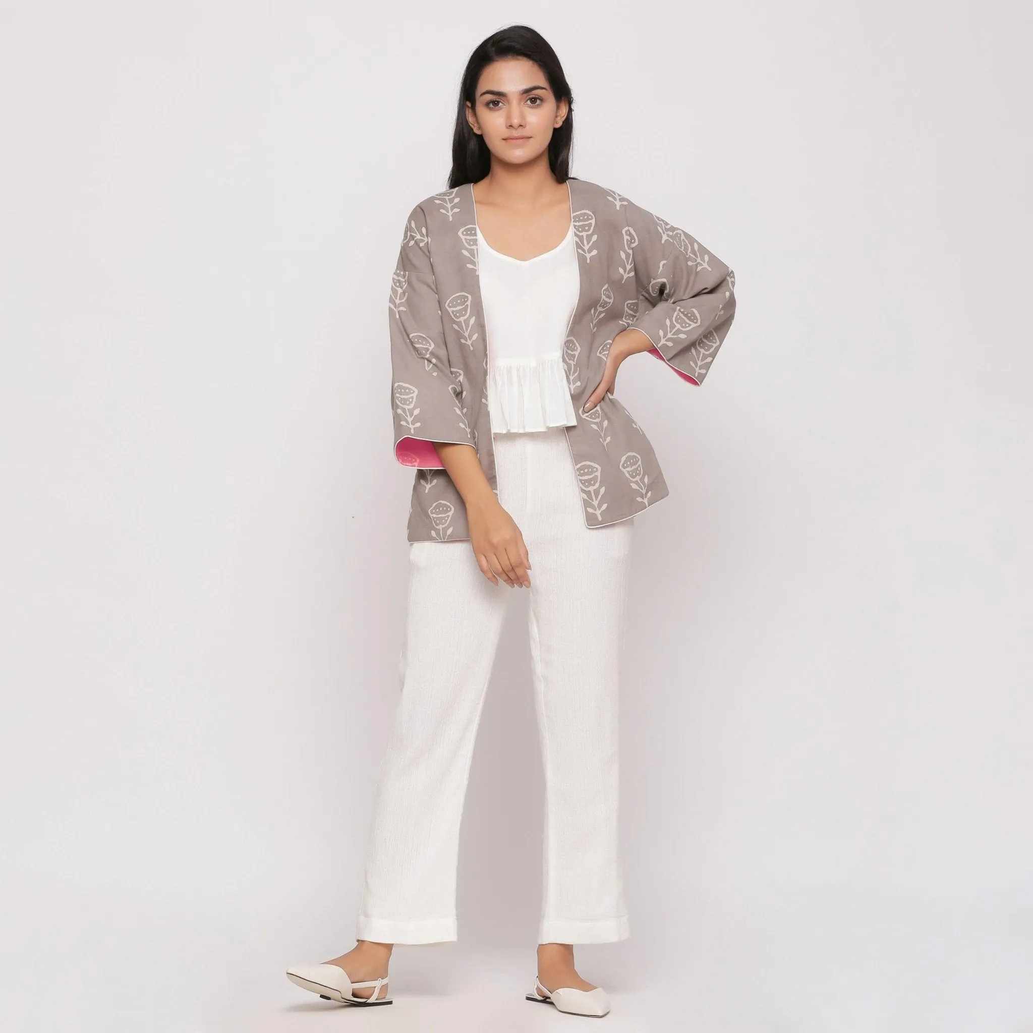 Reversible Warm Block Printed Pink Short Cotton Overlay