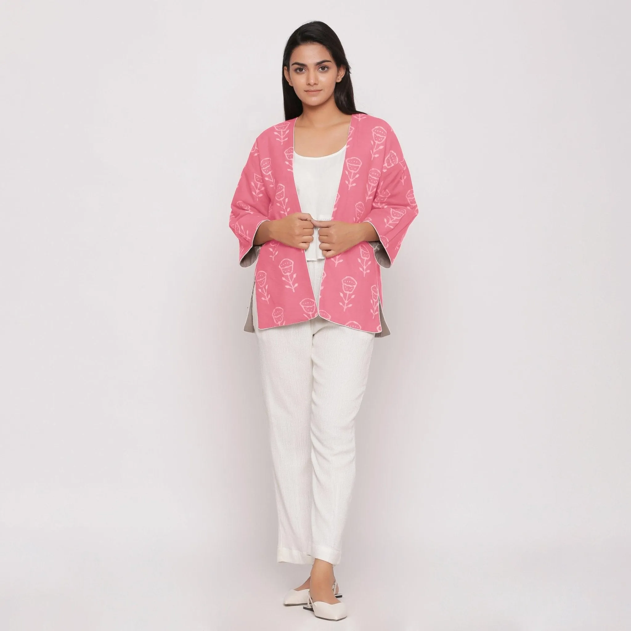 Reversible Warm Block Printed Pink Short Cotton Overlay