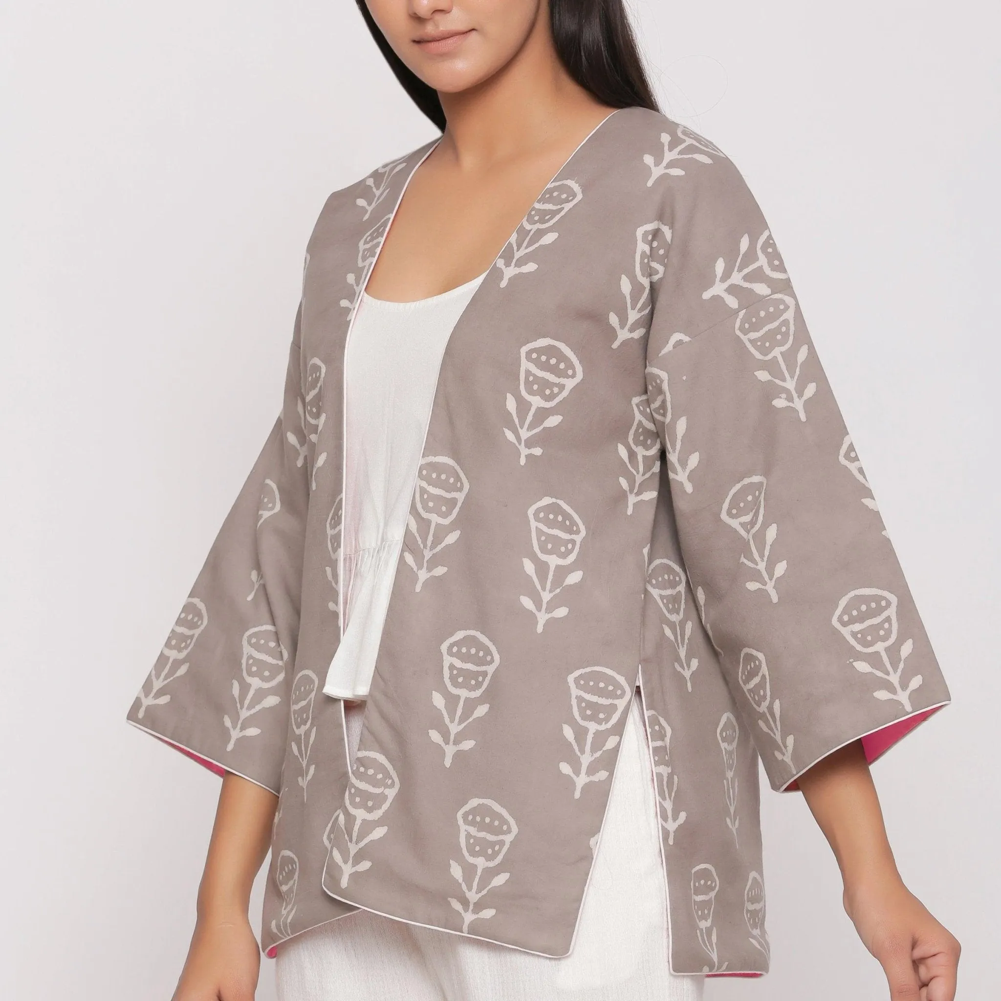 Reversible Warm Block Printed Pink Short Cotton Overlay