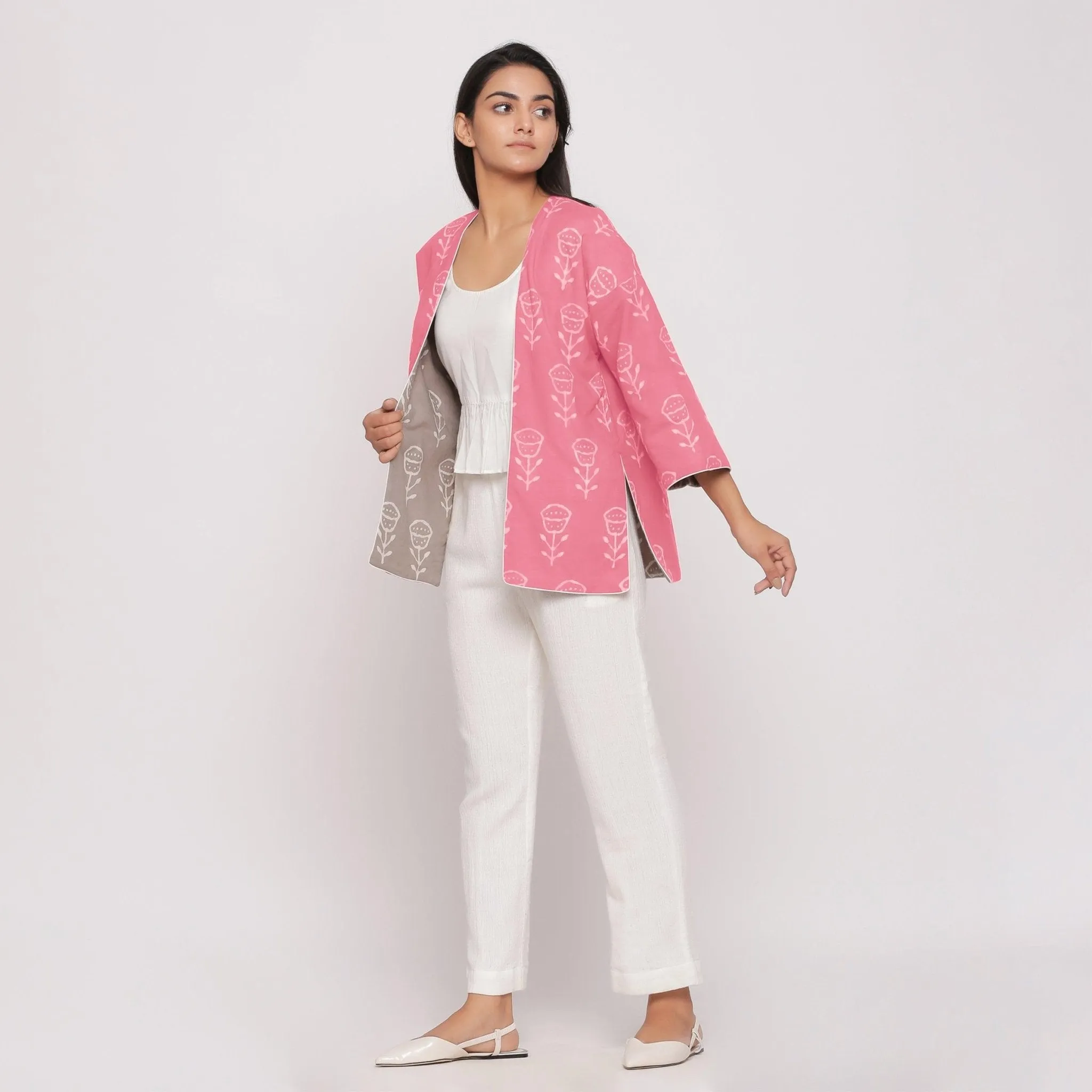 Reversible Warm Block Printed Pink Short Cotton Overlay