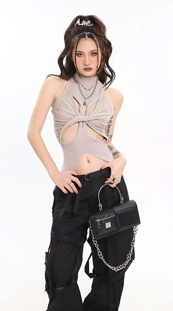Ribbed Twisted Cutout Split Hem Top