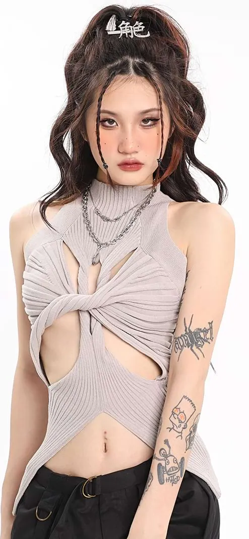 Ribbed Twisted Cutout Split Hem Top