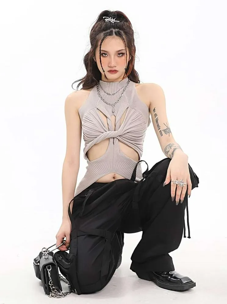 Ribbed Twisted Cutout Split Hem Top