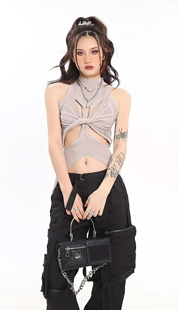Ribbed Twisted Cutout Split Hem Top