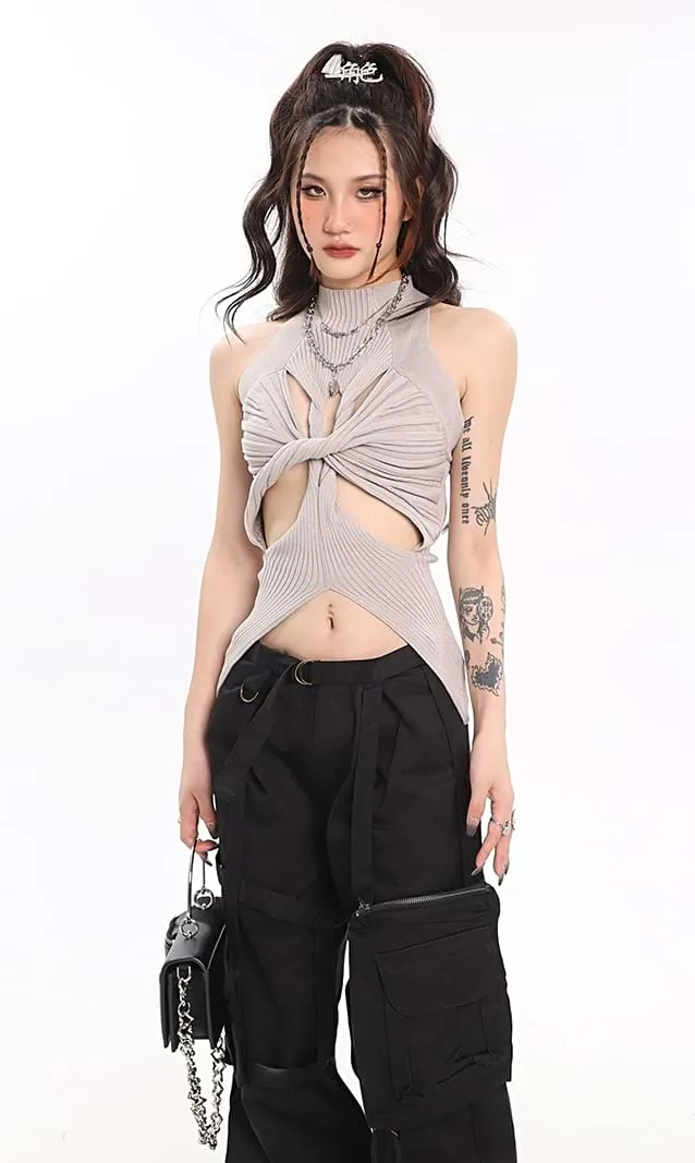 Ribbed Twisted Cutout Split Hem Top