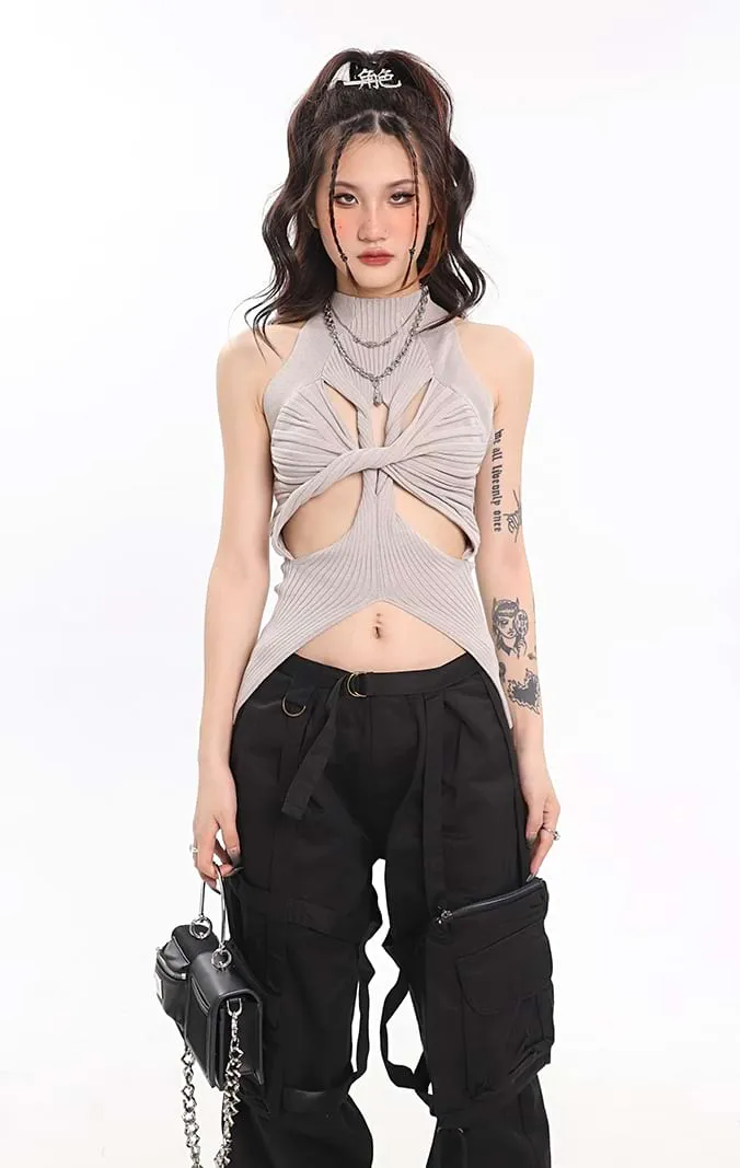 Ribbed Twisted Cutout Split Hem Top