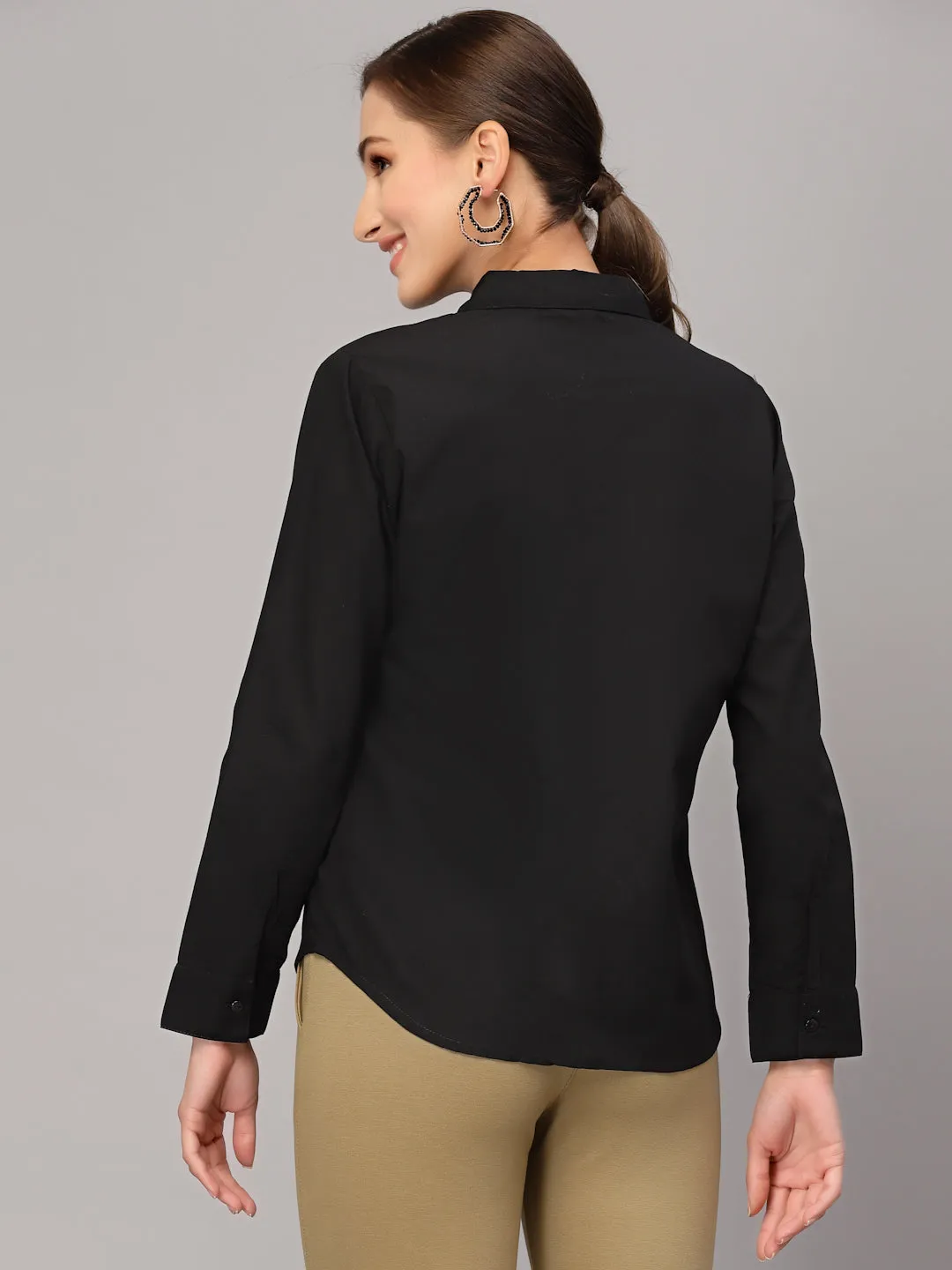 Style Quotient Women Solid Black Cotton Regular Formal Shirt