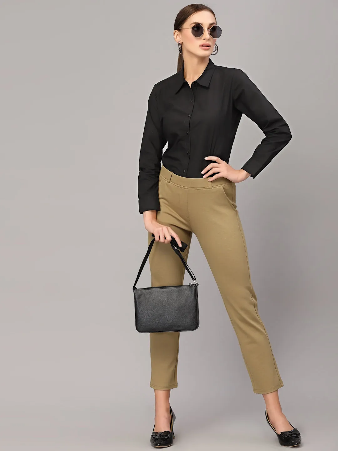 Style Quotient Women Solid Black Cotton Regular Formal Shirt