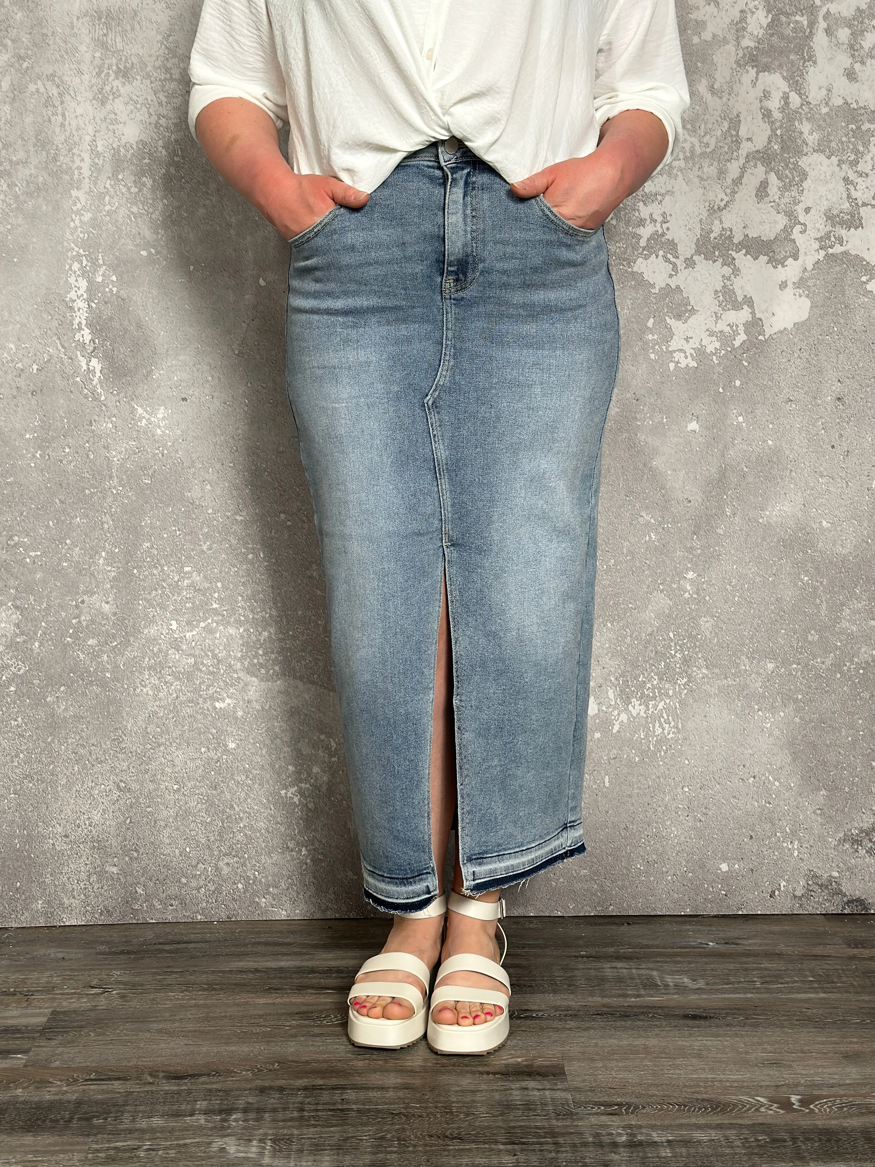 The Brittney Denim Skirt with front slit (Small - 3X)