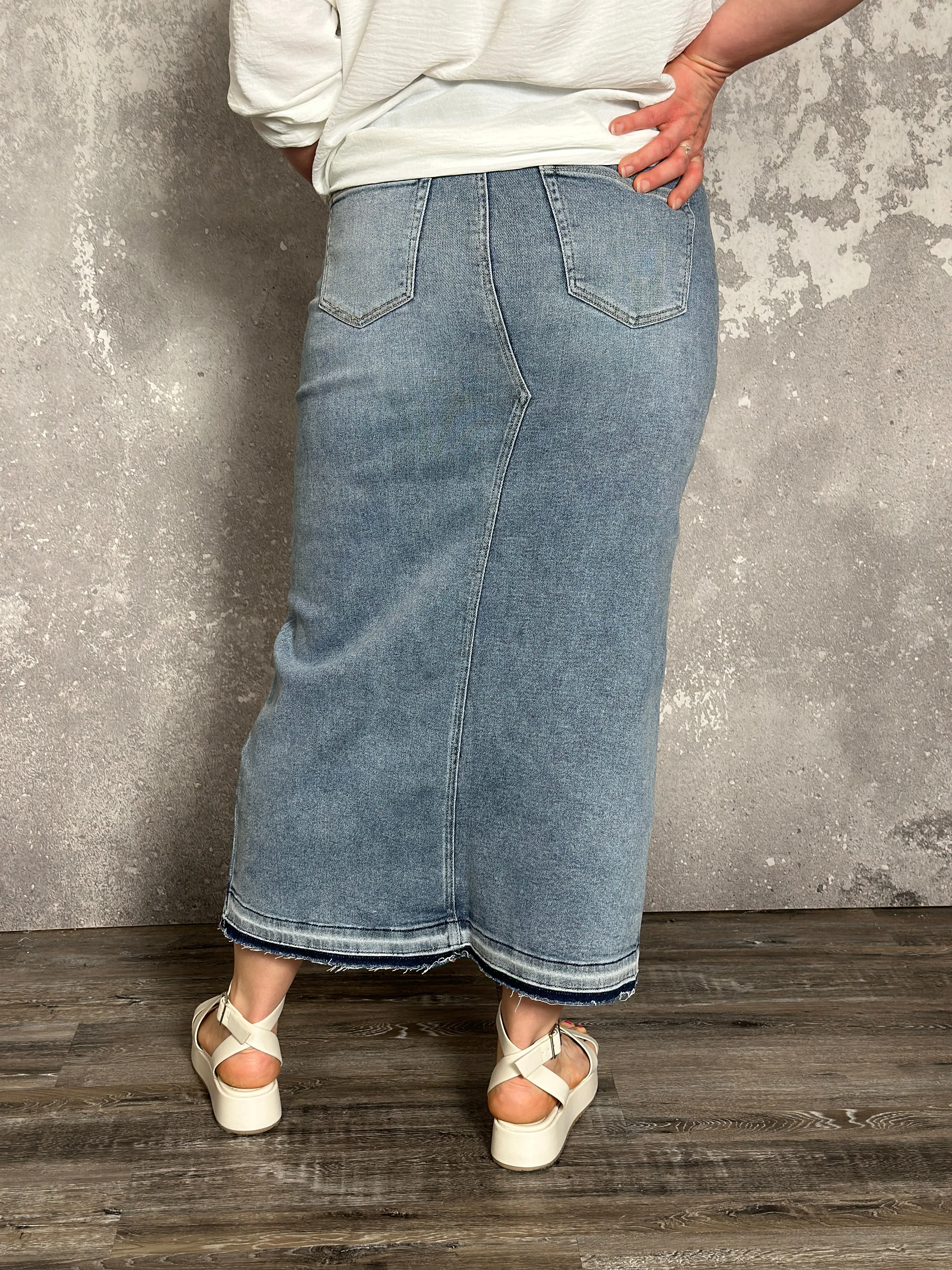 The Brittney Denim Skirt with front slit (Small - 3X)