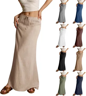Womens Linen Maxi Skirt Drawstring Low Rise Long Skirts Solid Lightweight Summer Casual Cover Up Beach A Line Skirts