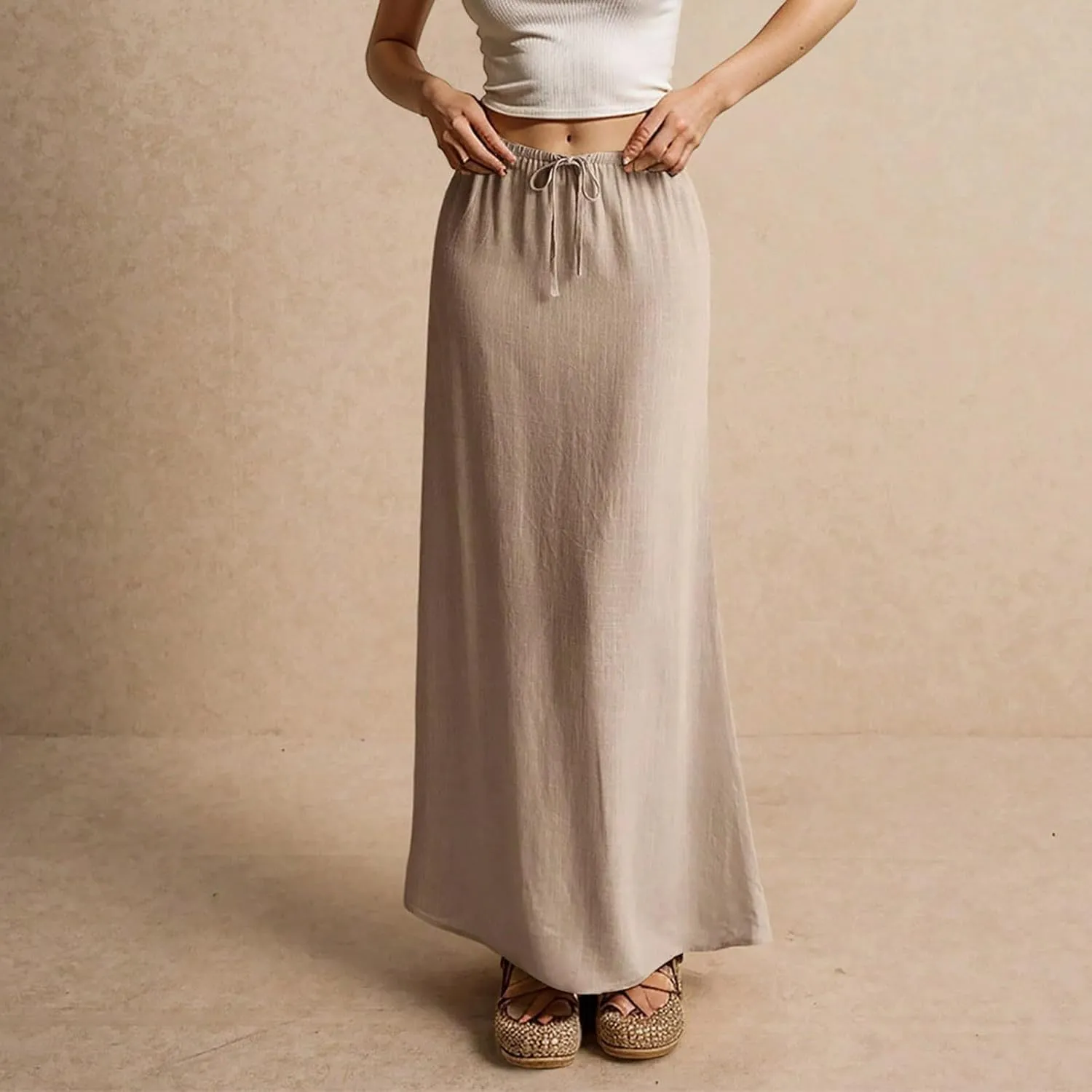 Womens Linen Maxi Skirt Drawstring Low Rise Long Skirts Solid Lightweight Summer Casual Cover Up Beach A Line Skirts