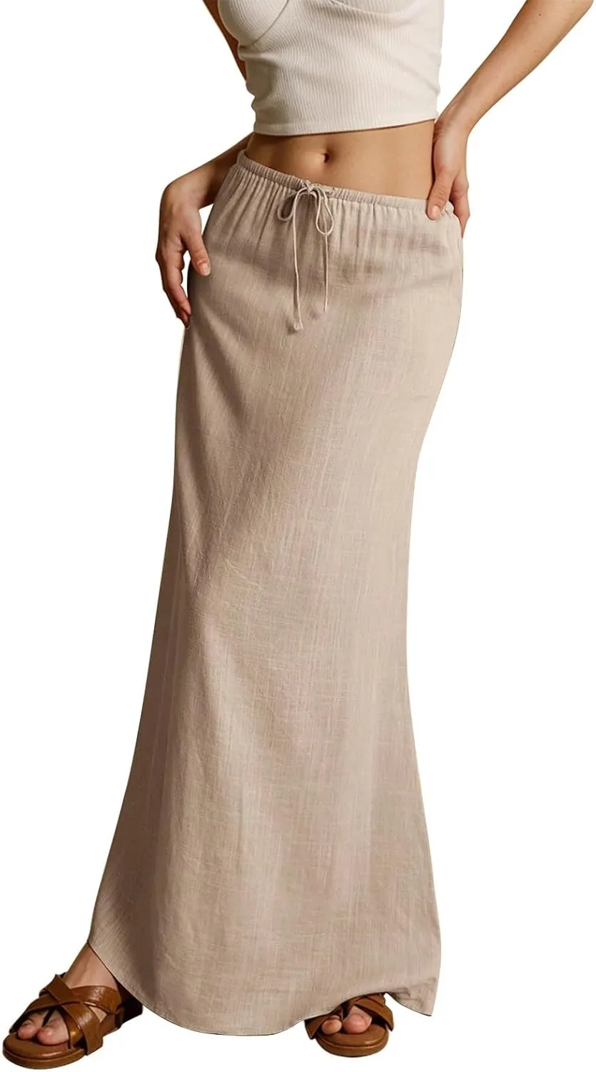 Womens Linen Maxi Skirt Drawstring Low Rise Long Skirts Solid Lightweight Summer Casual Cover Up Beach A Line Skirts
