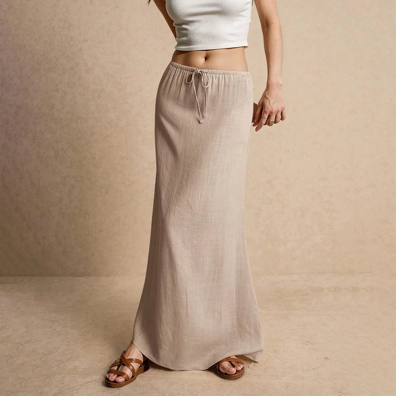 Womens Linen Maxi Skirt Drawstring Low Rise Long Skirts Solid Lightweight Summer Casual Cover Up Beach A Line Skirts